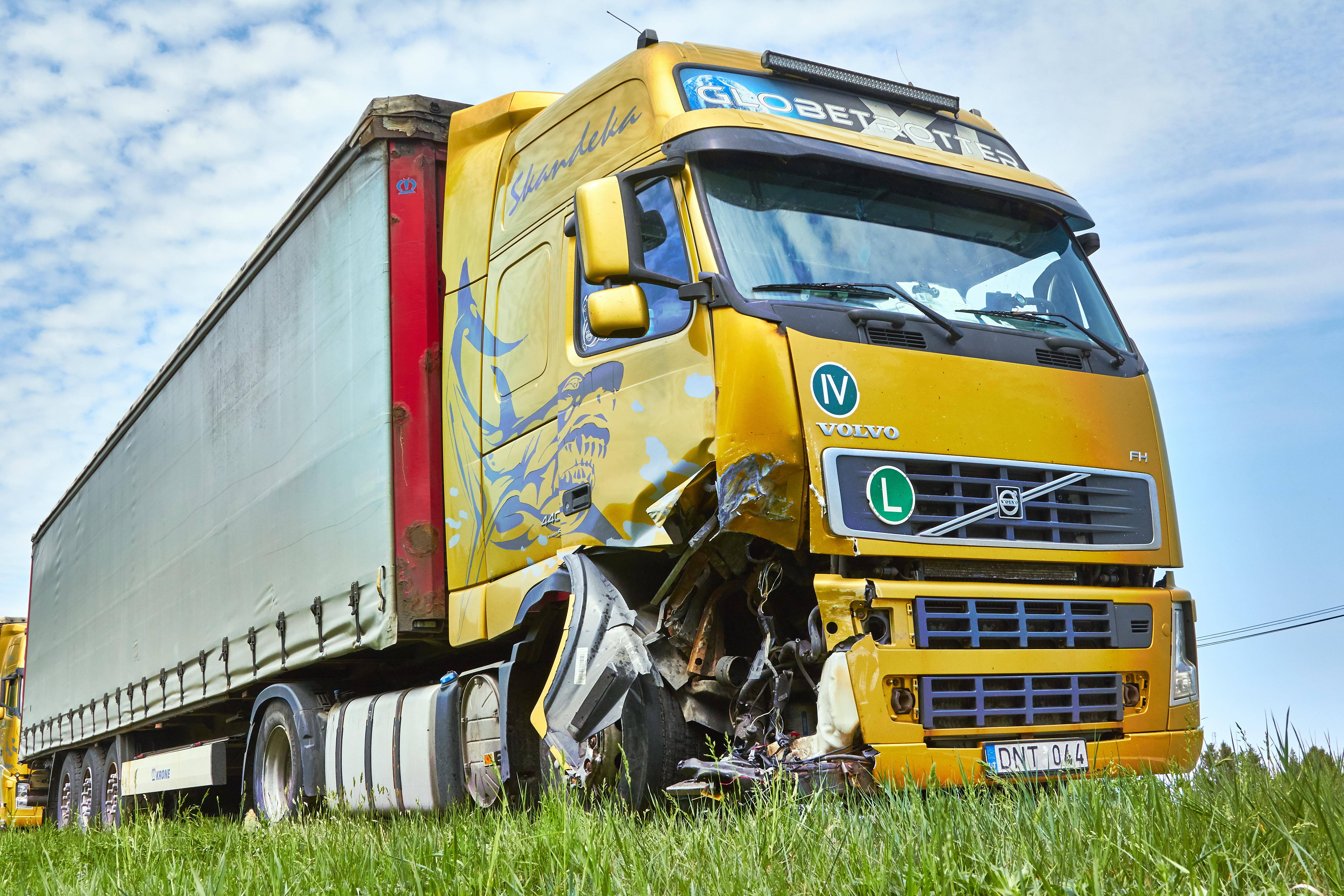 Volvo truck with front end damage