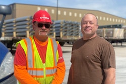 John Steffes, inbound materials coordinator at Chief Carriers, presenting driver Ron Jones with a red hat.
