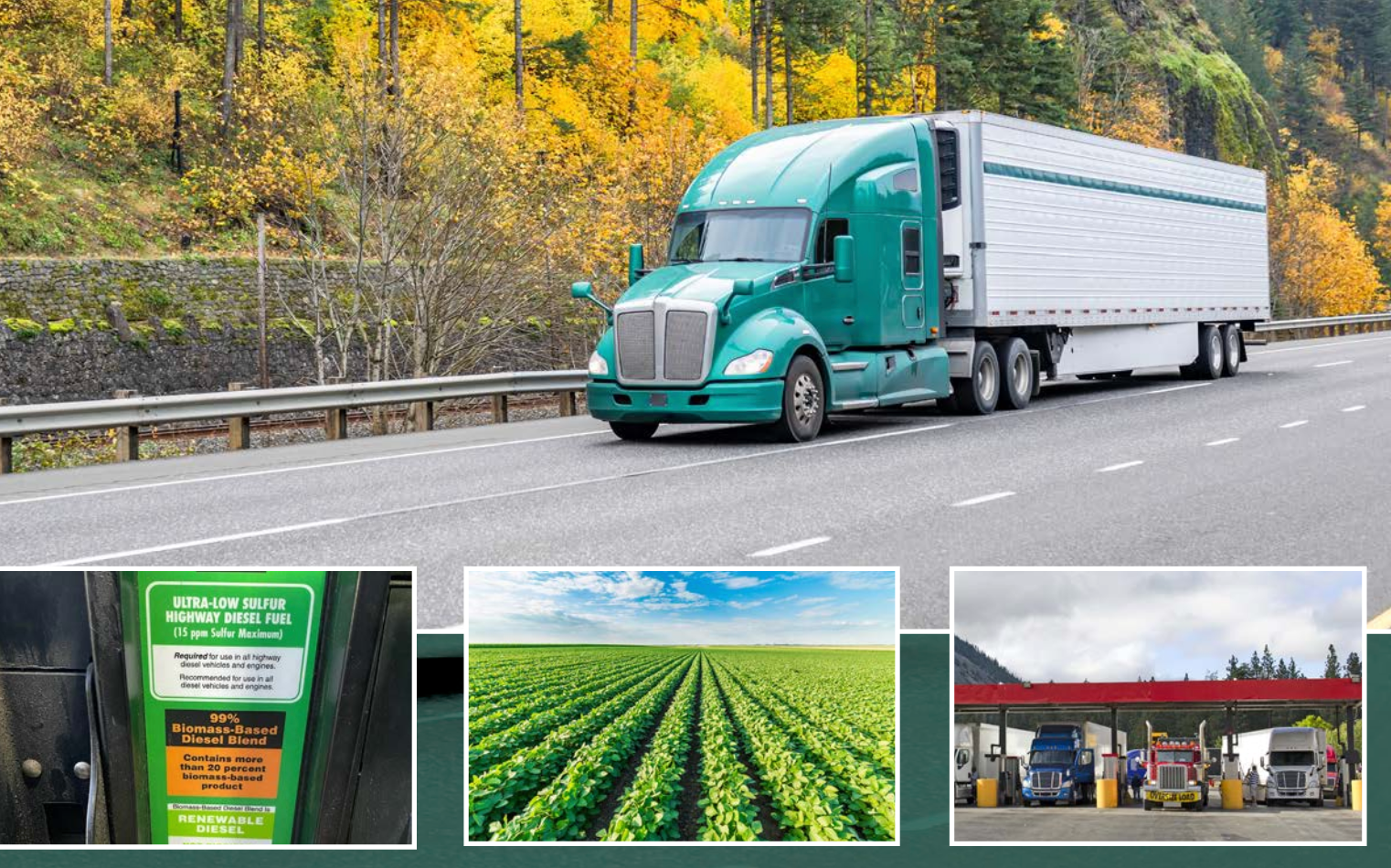 Tractor-trailer on highway and renewable diesel images