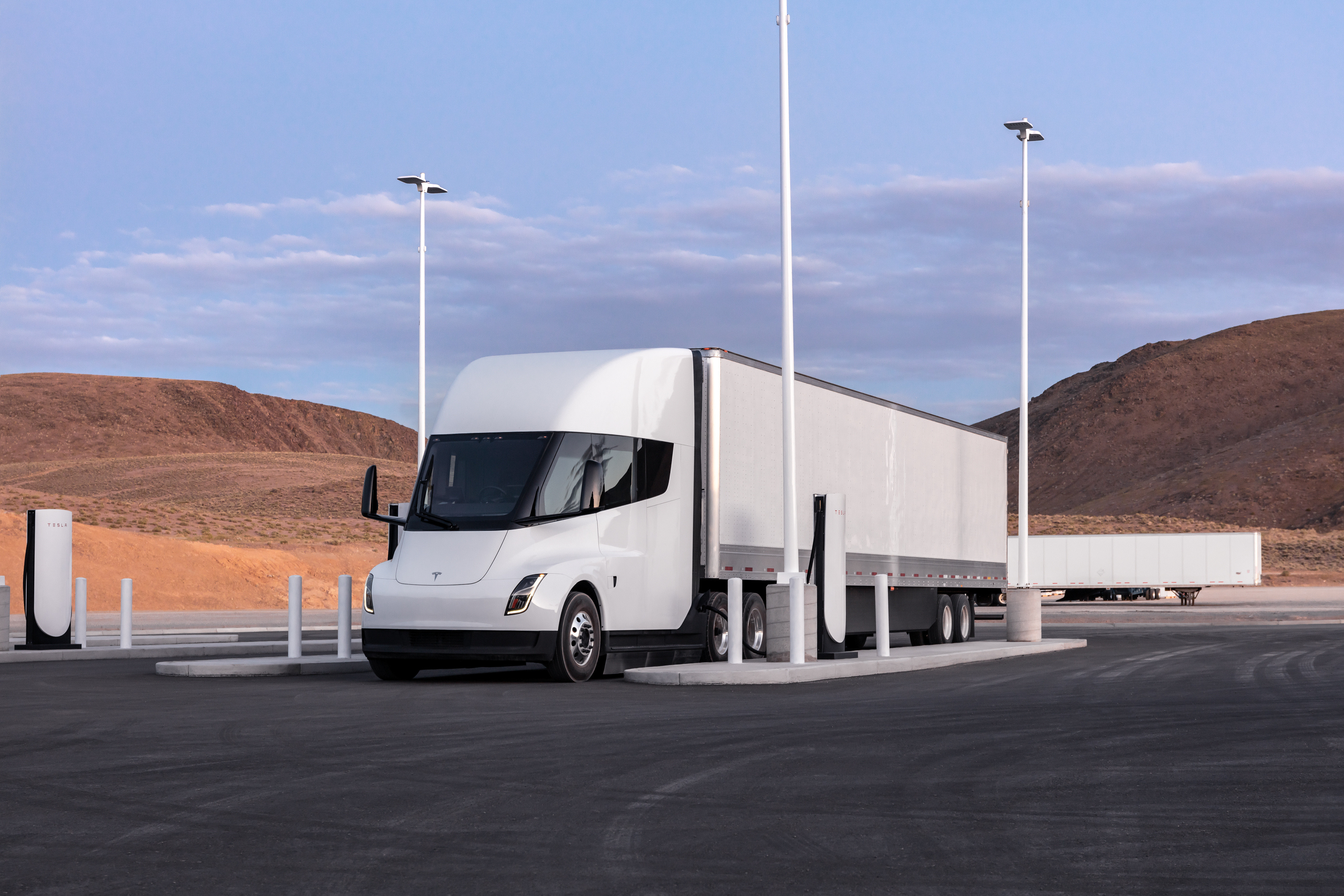 A Tesla Semi truck parked for charging.