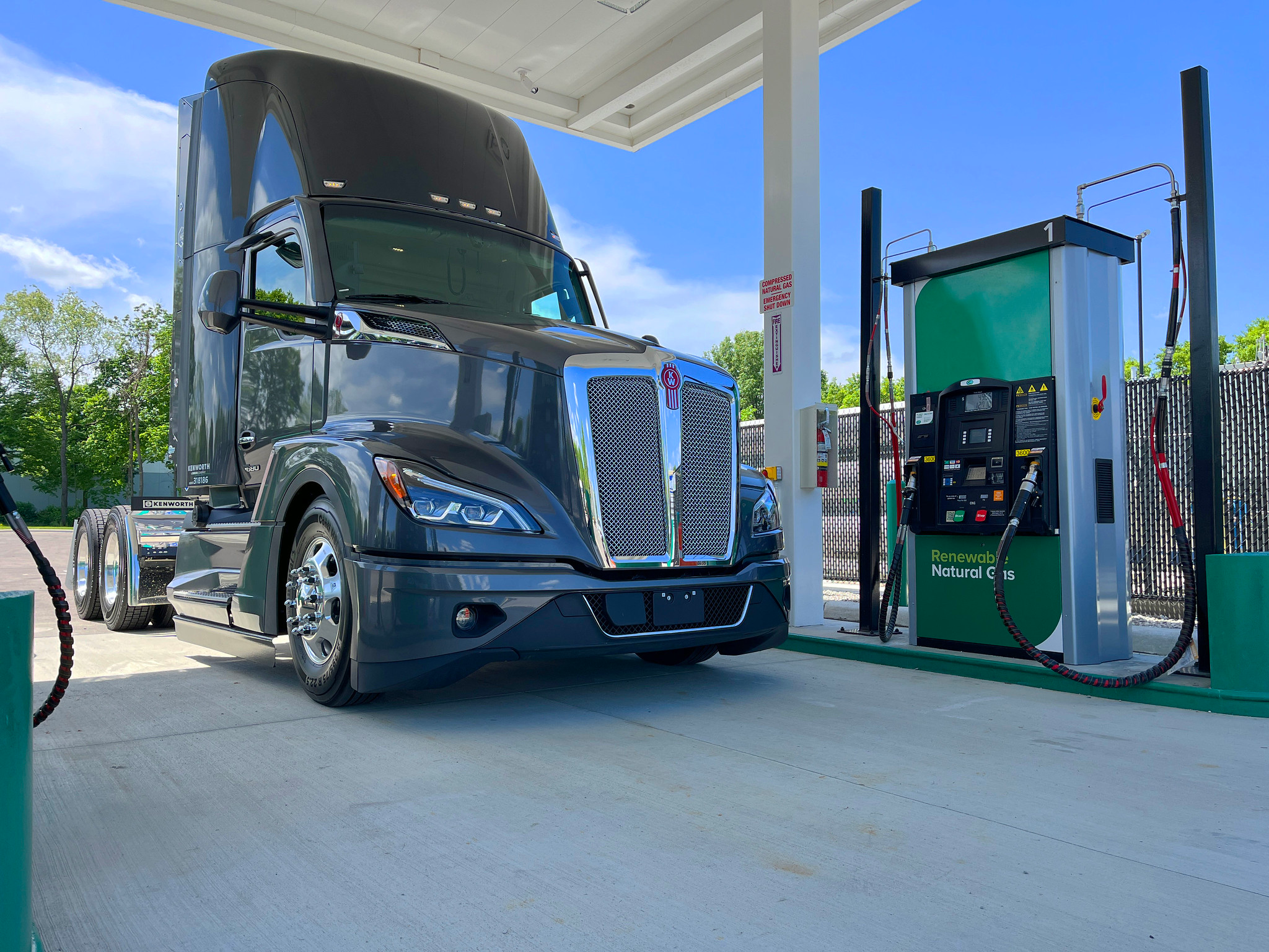 Kenworth truck with natural gas engine at fuel pump