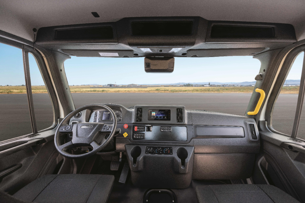 Inside the cab of a Freightliner