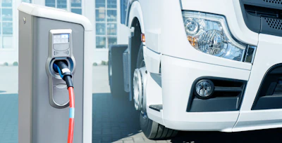 An electric truck next to a charging station.
