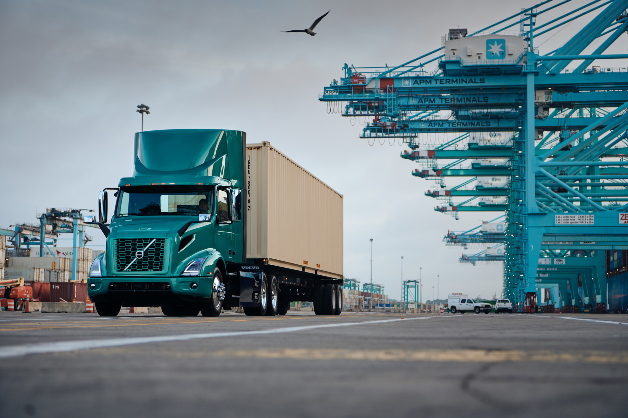 Volvo VNR Electric parked at port