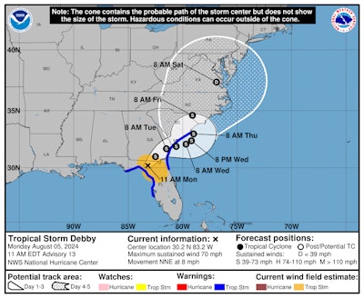 Hurricane Debby path update Aug. 5