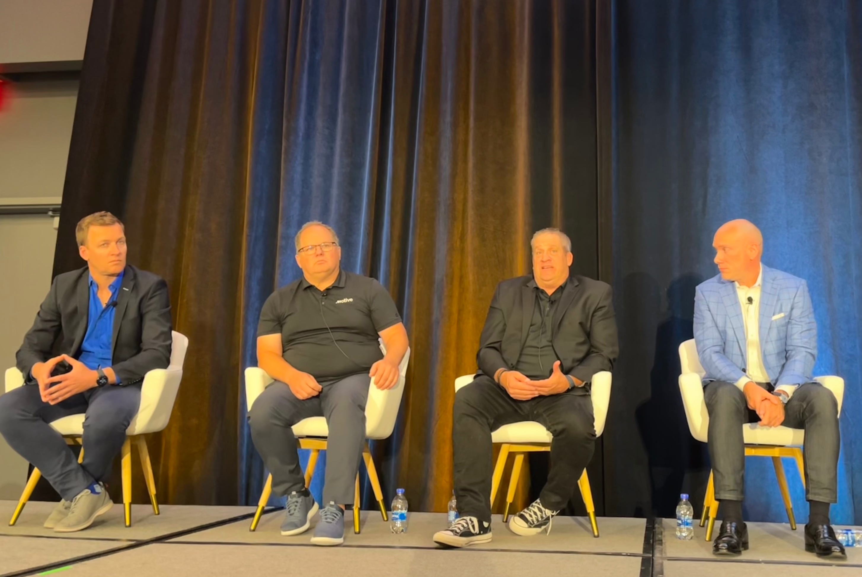 J.S. Bouchard, co-founder and chief product officer at ISAAC Instruments, Gary Johnson, head of safety and compliance strategy at Motive, Adam Kahn, chief business development officer at Netradyne, and Justin King, chief product officer at Transflo, at a panel on leveraging AI in telematics at the McLeod Software User Conference in Charlotte, North Carolina.