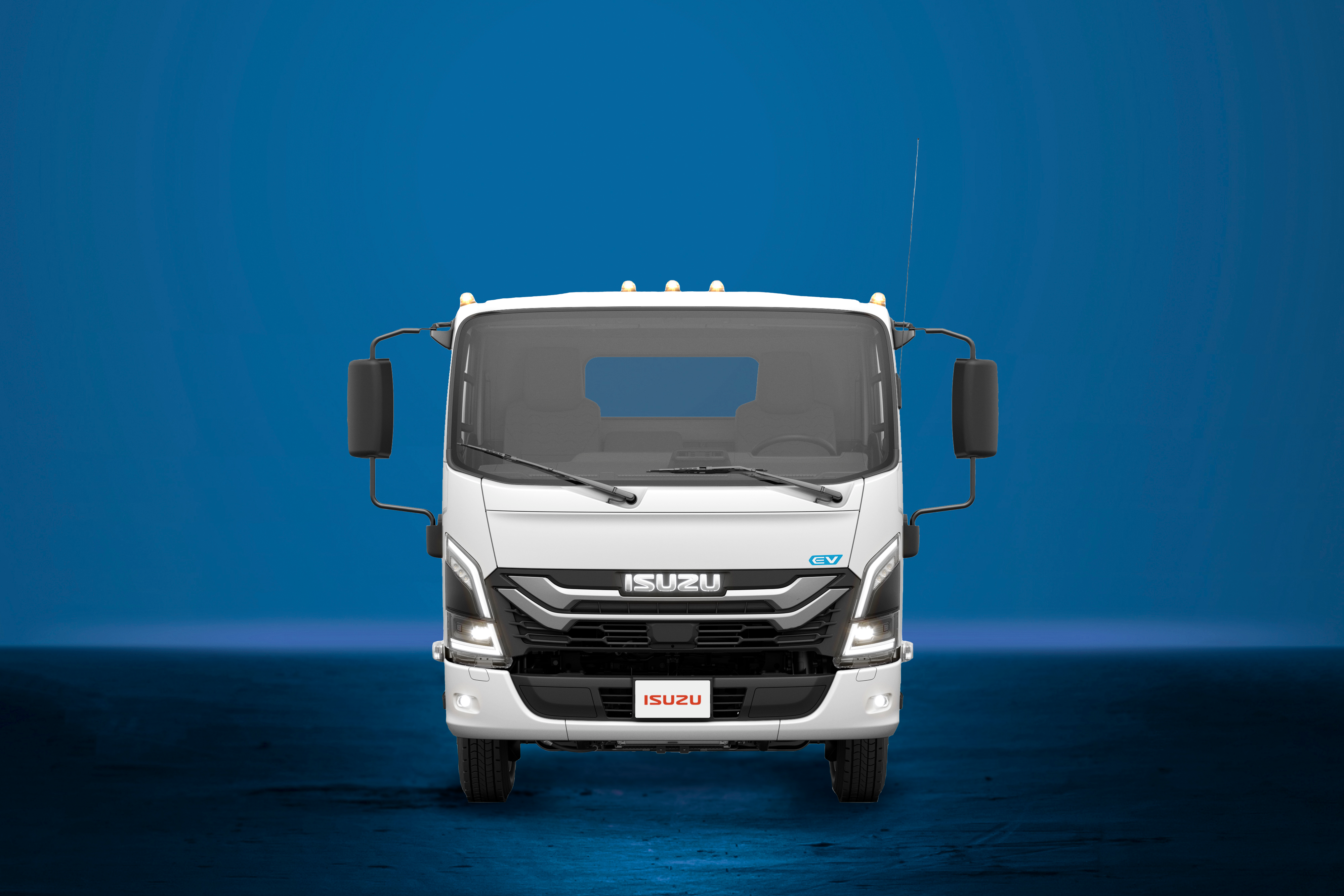 An Isuzu electric truck on a blue background.