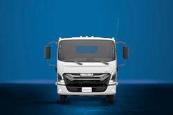 An Isuzu electric truck on a blue background.