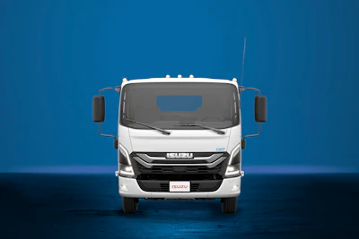 An Isuzu electric truck on a blue background.