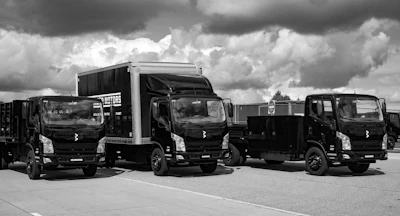Bollinger B4 chassis cabs parked