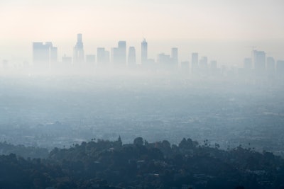 Los Angeles buildings in Southern California covered by smog.