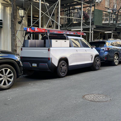 white TELO MT1 electric pickup truck with ladder on top tool boxes in bed at urban construction site