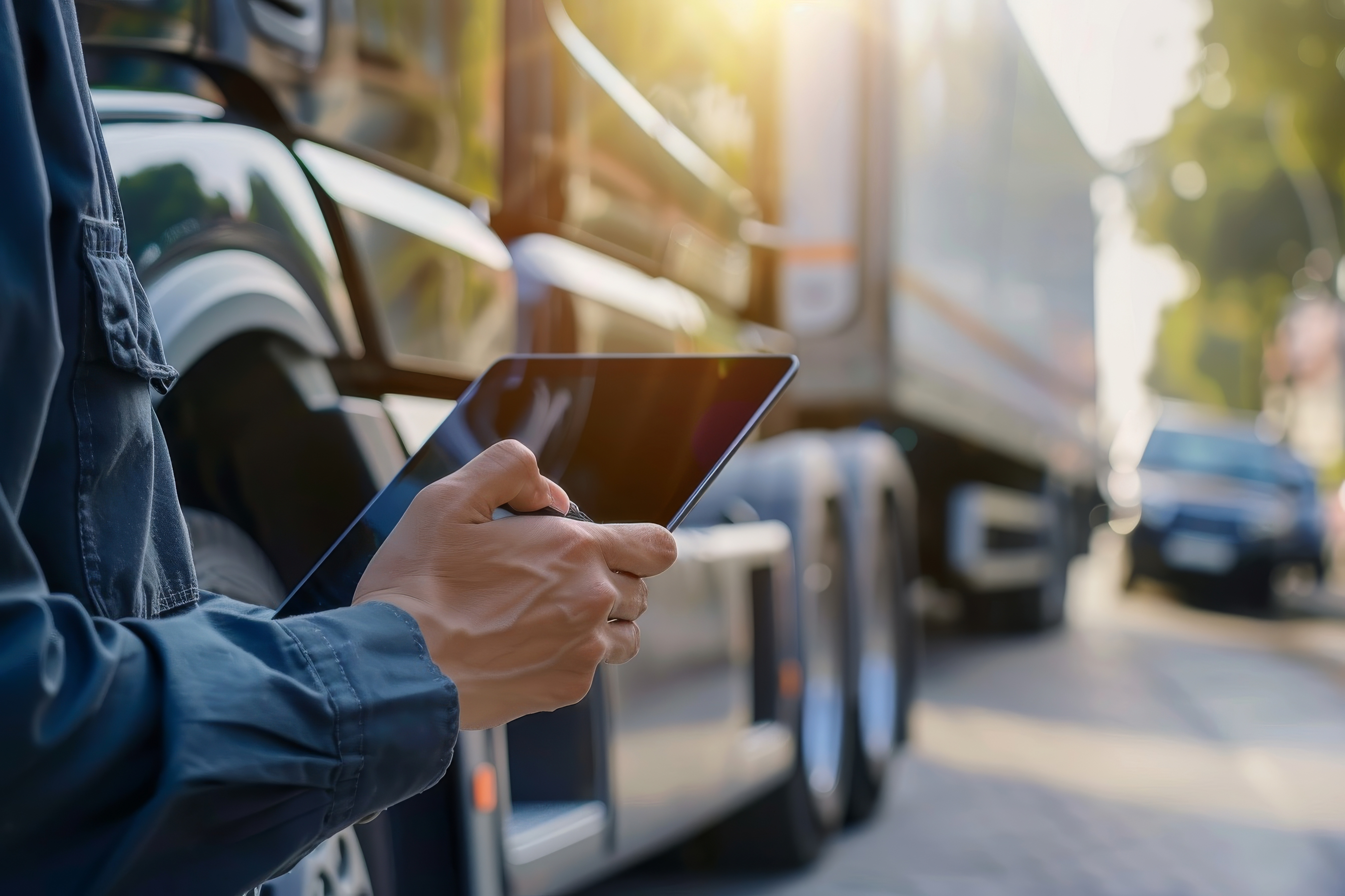 Truck driver using a tablet