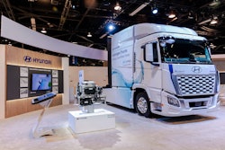 Hyundai's new Xcient Class 8 tractor has a range of 450 miles and 68 kg of hydrogen storage.