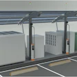 Electric vehicle charging infrastructure with multiple charging stations under a metal shelter