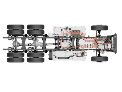 Midship-mounted eMotor with dual electric motors and integrated 3-speed transmission to deliver seamless shifting with no torque interruption.