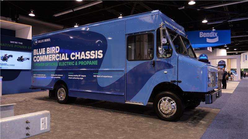 Blue Bird's all-new step van (above) features a 140 kWh lithium-ion battery enabling a vehicle range of up to 130 miles on a single charge, making it ideal for last-mile deliveries.