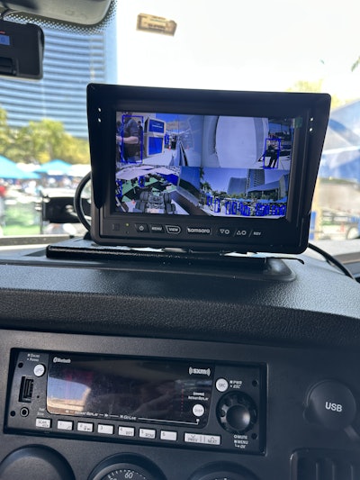 Samsara's AI-powered multicam monitor shows camera footage of potential driving hazards.