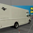 White Harbinger all-electric delivery van in parking lot with 'Ride & Drive' graphics