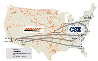 A new service launched between Phoenix, Arizona, and Atlanta, Georgia, aims to convert over-the-road (OTR) freight to rail through a seamless product between the two railroads.