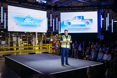 Ford President and CEO announces on August 11 a 2027 midsize electric truck to be assembled in Louisville, Kentucky, and its battery package in Marshall, Michigan.