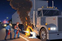 Truck driver John Doe and police officer empty their fire extinguishers on the flames from a mattress that had become wedged between the drive tires and the bottom of the trailer.