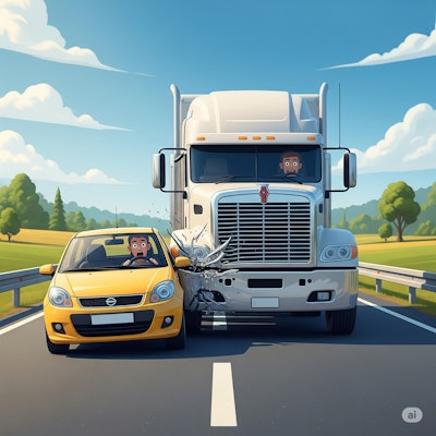 White semi hitting the side of a yellow compact car.