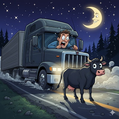 Truck driver John Doe got a surprise in the early morning hours: a cow in the middle of his lane.