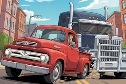 Vintage red pickup truck beside a large blue semi-truck on a city street