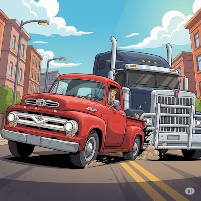 Vintage red pickup truck beside a large blue semi-truck on a city street