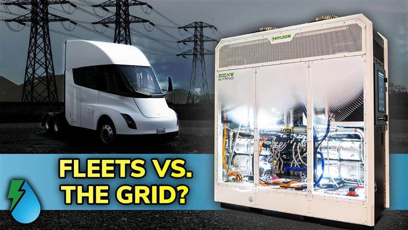 Tesla Semi parked near power lines and Hyliion's Karno power module generator