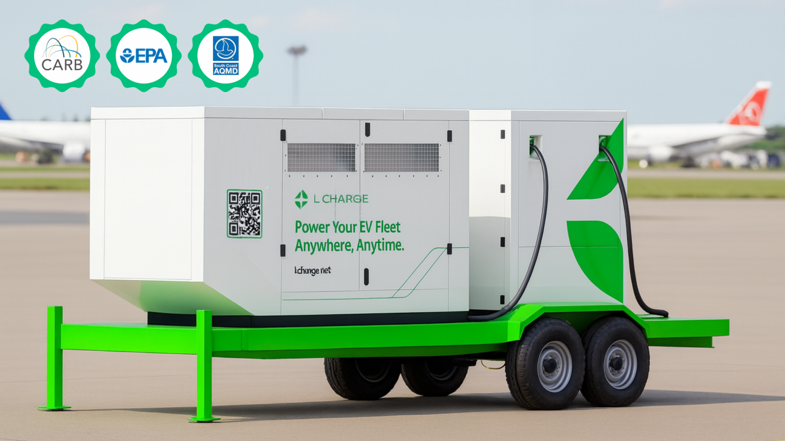 Mobile electric vehicle charging trailer at airport with green and white design