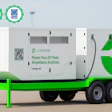 Mobile electric vehicle charging trailer at airport with green and white design