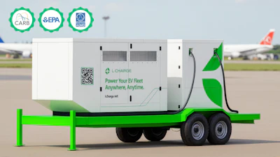 Mobile electric vehicle charging trailer at airport with green and white design