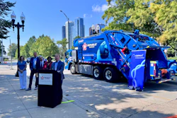 Officials from the city of Chicago and Republic Services inaugurate new Mack LR Electric garbage trucks.