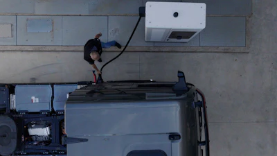 An example of a battery-electric MAN truck charging with an ABB E-mobility Megawatt charging system