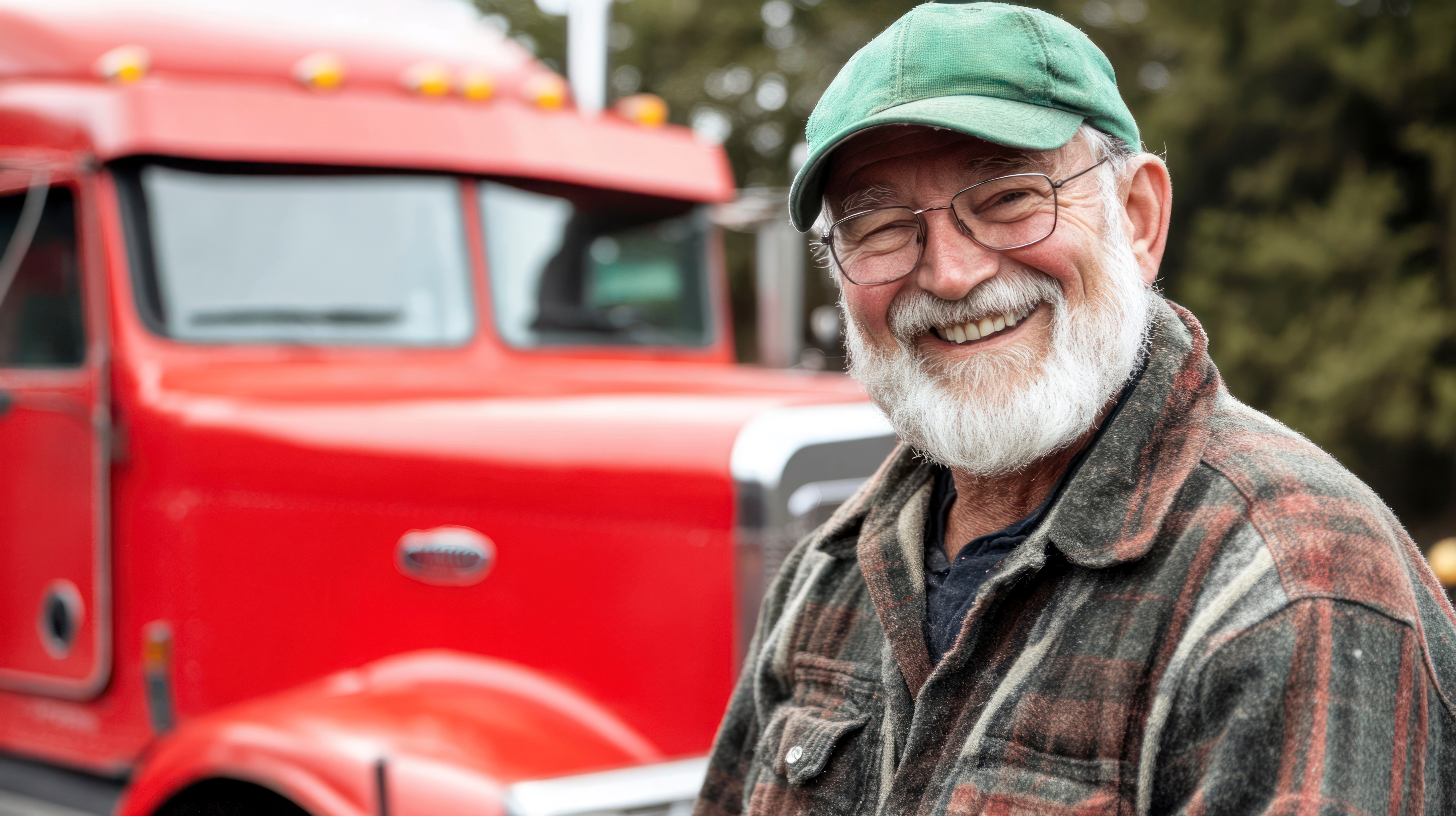 Smiling older truck driver in green cap standing next to red semi-truck