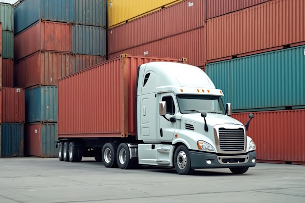 White semi-truck parked in front of stacked shipping containers in industrial yard