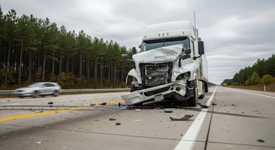 Damaged white semi-truck after highway collision, debris scattered on road