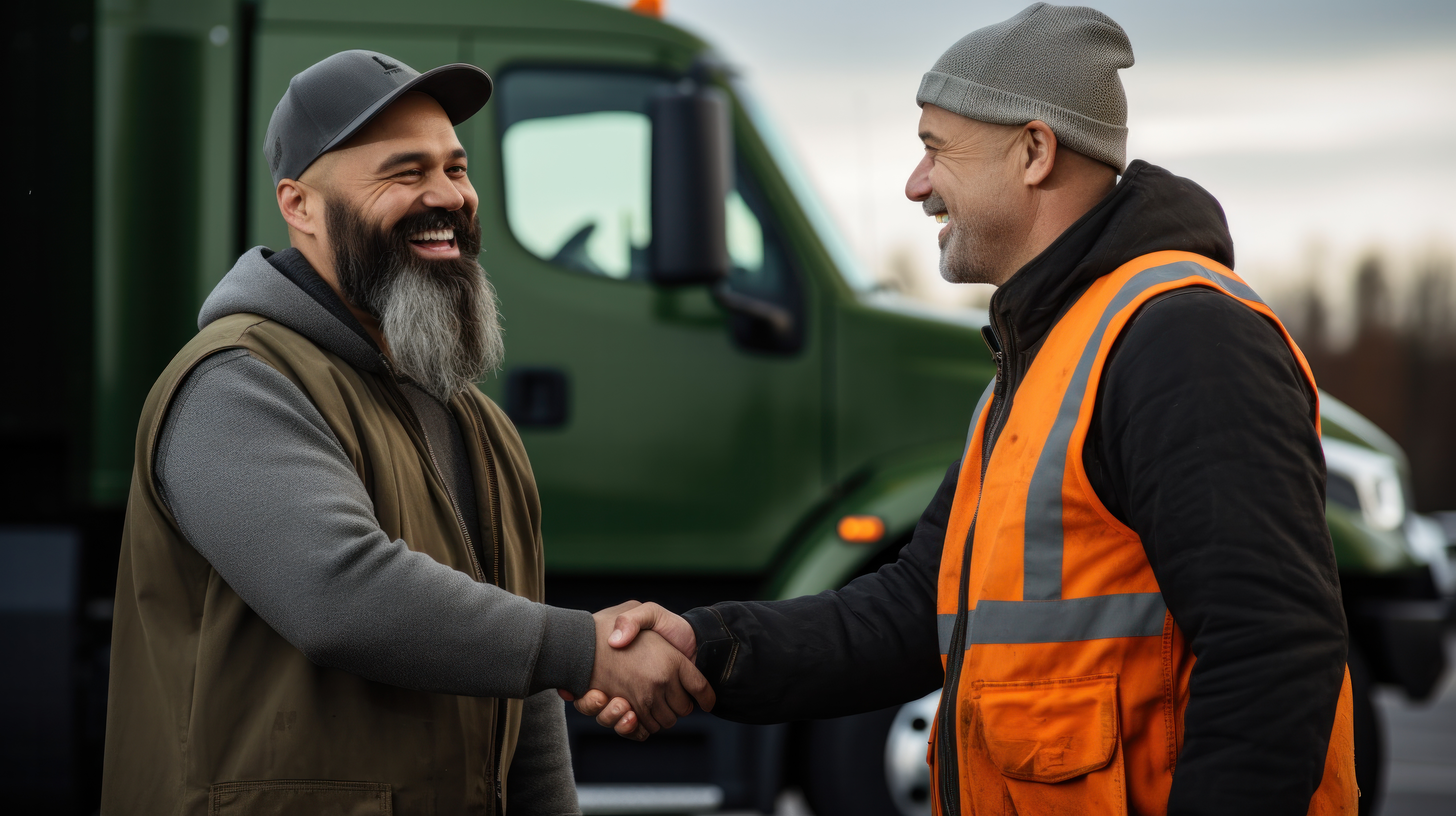 Two workers in safety vests shaking hands near a green truck