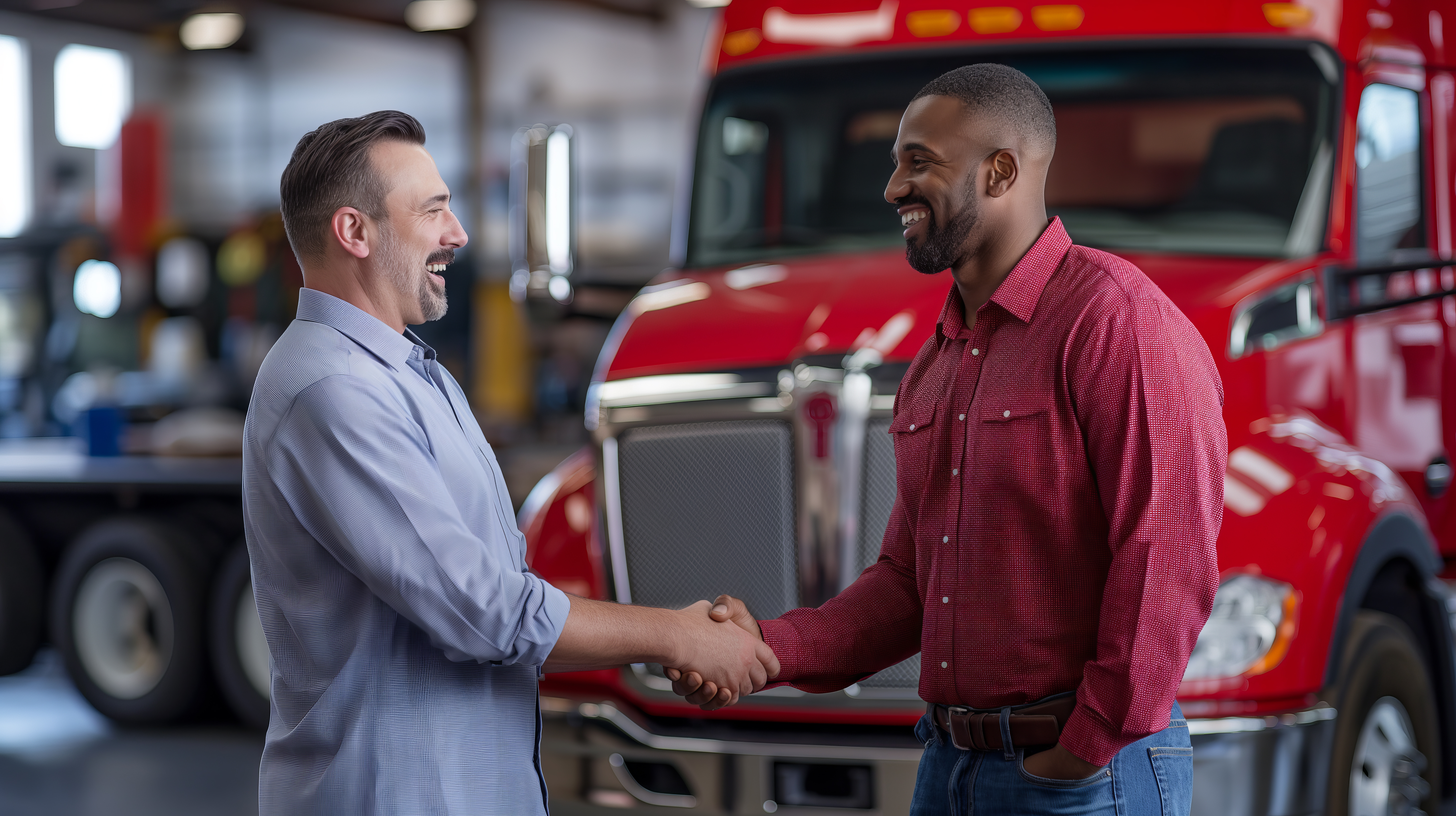Two professionals shaking hands near a red commercial truck in a workshop