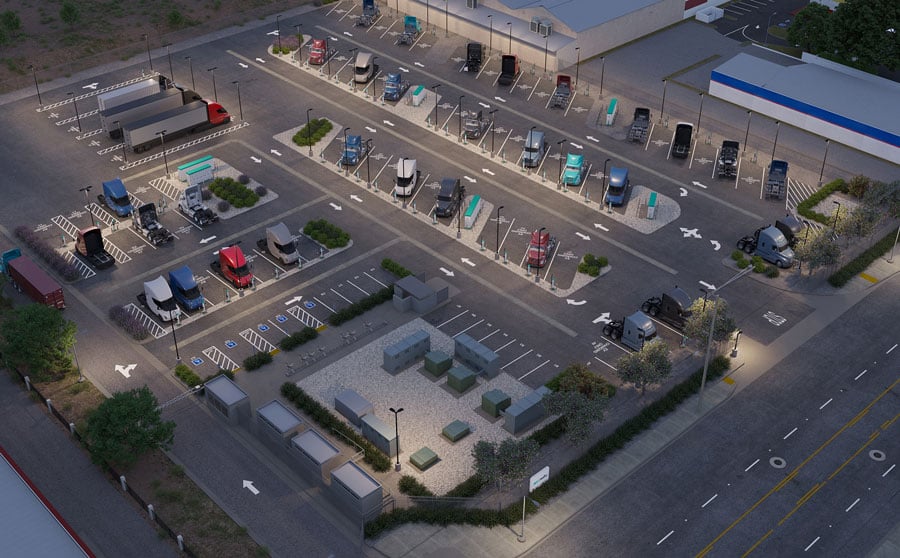 A rendering of the completed 10-megawatt, 76-charger truck charging depot currently under construction by San Francisco-based EV Realty in San Bernardino, California.