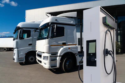 White semi-trucks parked at electric charging station with blue sky background