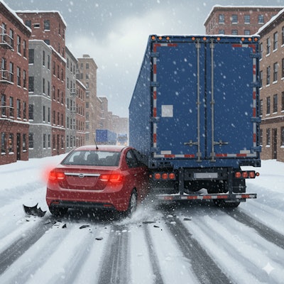 Despite his best efforts, truck driver John Doe couldn't avoid a passenger car that turned down the access road just as he was attempting to back up his rig.