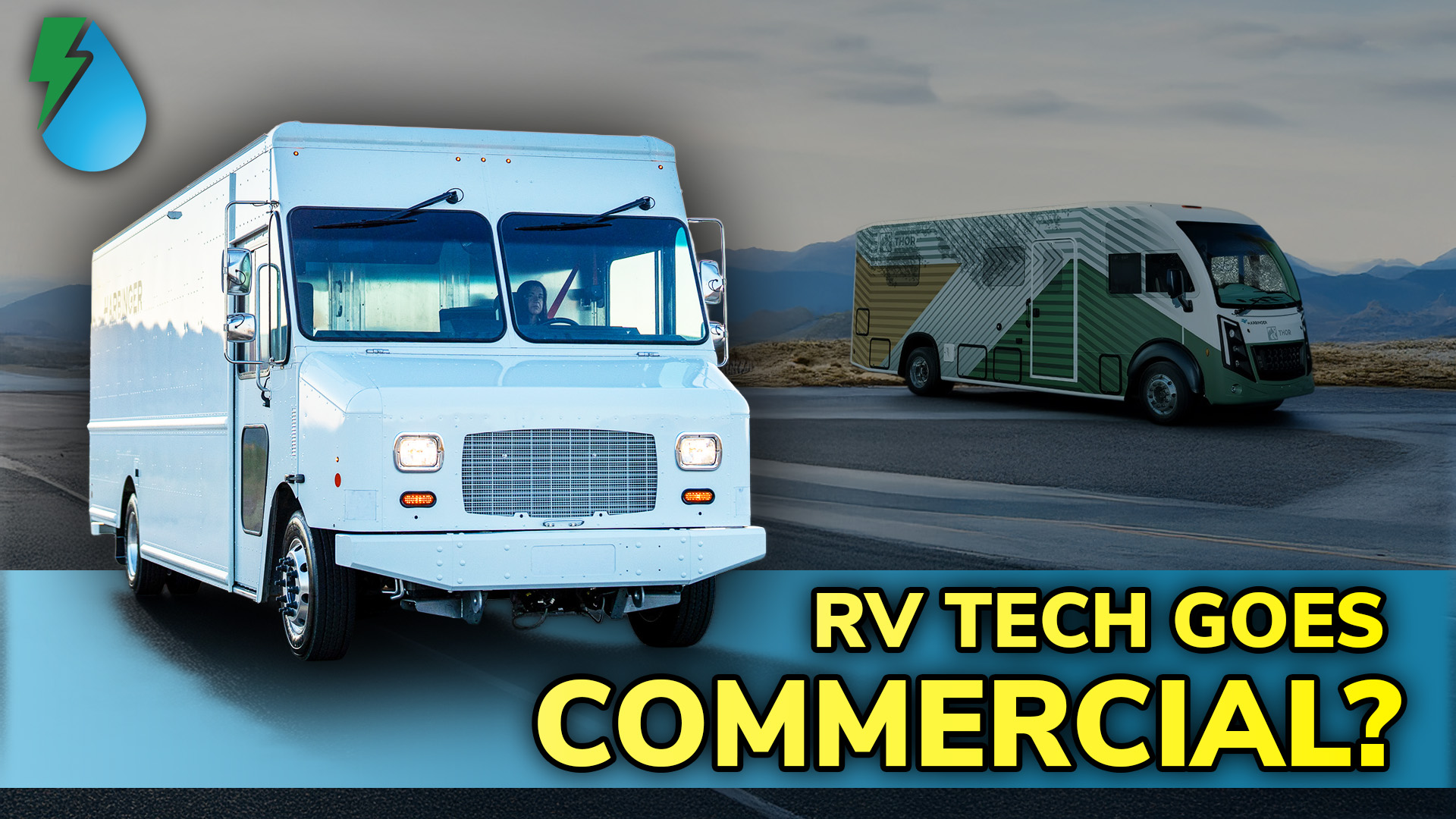 White delivery truck and green RV on road with mountain landscape