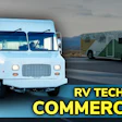 White delivery truck and green RV on road with mountain landscape