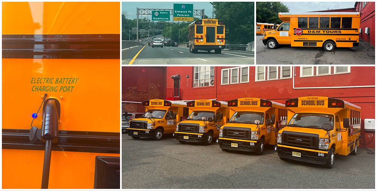 A photo collage showcasing Motiv Electric Trucks' Type B EV school buses.