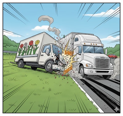 Flower delivery truck crashes into semi-truck on roadside with explosion