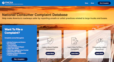 FMCSA National Consumer Complaint Database website with highway and truck background