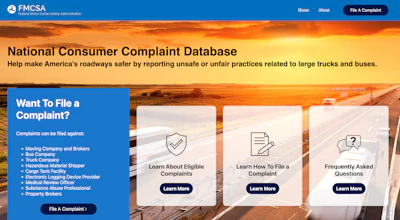 FMCSA National Consumer Complaint Database website with highway and truck background